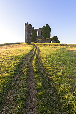 Grass fields around Ballycarbery Castle, Cahersiveen, County Kerry, Munster, Republic of Ireland, Europe