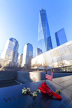 Memorial plaque at South Pool fountain, One World Trade Center, Lower Manhattan, New York City, United States of America, North America