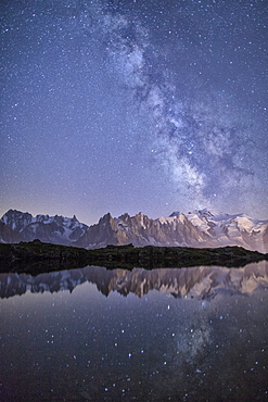 A sharp Milky Way on a starry night at Lac des Cheserys with Mont Blanc, Europe's highest peak, to the right, Haute Savoie, French Alps, France, Europe