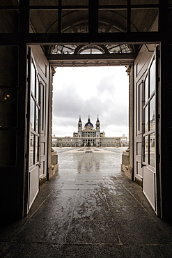 Almudena Cathedral seen from open doorway of Royal Palace, Madrid, Spain, Europe