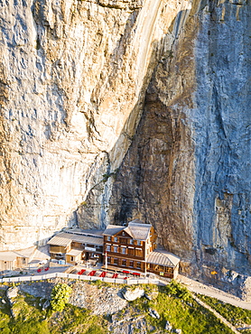 Aerial panoramic of Aescher-Wildkirchli Gasthaus, Ebenalp, Appenzell Innerrhoden, Switzerland, Europe