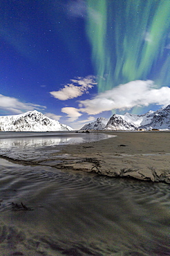 Northern Lights (aurora borealis) on Skagsanden sky, Lofoten Islands, Arctic, Norway, Scandinavia, Europe