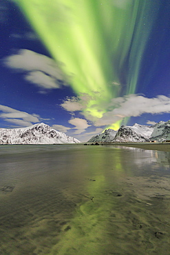 Northern Lights (aurora borealis) on Skagsanden sky, Lofoten Islands, Arctic, Norway, Scandinavia, Europe