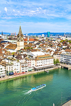 Elevated view of Limmat River and St. Peter church from tall towers of Grossmunster Cathedral, Zurich, Switzerland, Europe