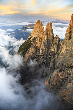 Aerial view of Santner peak at sunset, Sciliar Natural Park, Plateau of Siusi Alp in the Dolomites, Val Funes, Trentino-Alto Adige South Tyrol, Italy, Europe