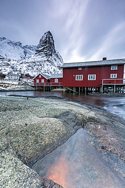 Typical red houses of fishermen called Rorbu, Reine. Lofoten Islands, Northern Norway, Scandinavia, Arctic, Europe