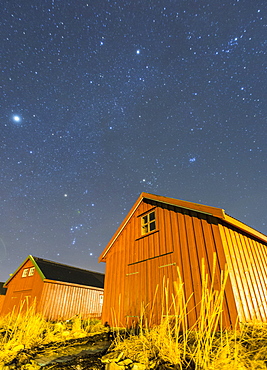 Typical houses of the fishermen under the stars, Froya Island, Trondelag, Norway, Scandinavia, Europe