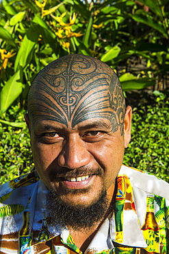 Man with traditional Marquesa tatoos on his head, Papeete, Tahiti, Society Islands, French Polynesia, Pacific