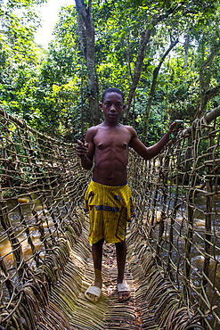 Pygmy man on a hand made vine bridge in the Dzanga-Sangha Park, UNESCO World Heritage Site, Central African Republic, Africa