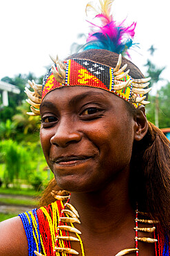 Traditional dressed girl in a war ceremony, Manus Island, Admiralty Islands, Papua New Guinea, Pacific