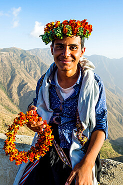 Famous flower man in Mount Souda, highest mountain in Saudi Arabia, Abha, Saudi Arabia, Middle East