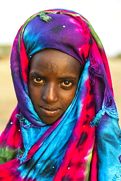 Colourful dressed girl at the Gerewol festival, courtship ritual competition among the Wodaabe Fula people, Niger, West Africa, Africa