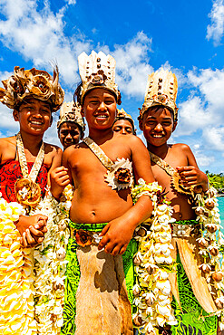 Young boys in traditional dress, Amaru, Tuamotu Islands, French Polynesia, South Pacific, Pacific