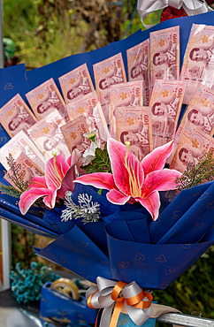 Flower bouquets, soft toys and money souvenirs for sale for graduation ceremony at Chiang Mai University, Chiang Mai, Thailand, Southeast Asia, Asia