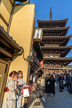 Women in traditional dress visiting temples and shrines during the cherry blossom (sakura) season and festivals, Kyoto, Honshu, Japan, Asia