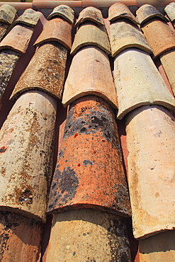 Roof of old stone house, tiles, barn, provence, france