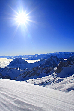 German alps, hohe munde, 2661 meter, ue. meer, view from the top of zugspitze in winter, bayern, germany