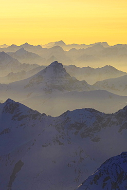 German alps, view from the top of zugspitze in winter, silhouettes, bayern, germany