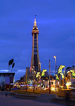 Blackpool illuminations with the tower and street mermaid decorations, Blackpool, Lancashire, England, United Kingdom, Europe