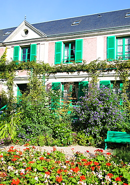 Part of Monet's house showing the green shutters and pink walls, Giverny, Normandy, France, Europe