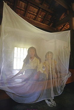 Health, awareness girls under mosquito netting, nam ha village, ky anh, vietnam