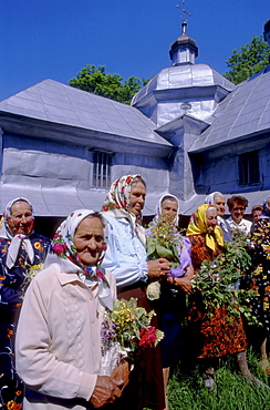 Religion parishioners outside village church, zolochov, ukraine