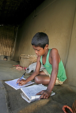 Bangladesh 11, year, old homar ritchil doing his school homework, he is a member of the garo tribal minority, haluaghat, mymensingh region