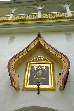 Russia outdoor icons over gateway, pechersky caves monastery, pskov district, founded on august 28th 1473 by saint jonah sheshnik