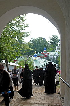 Russia arch leading down to interior of pechersky caves monastery, pskov district, founded on august 28th 1473 by saint jonah sheshnik