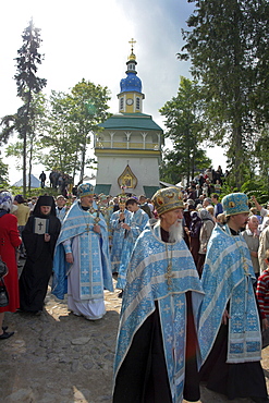 Russia pechersky monastery, near pskov. Procession of priests on annual celebration