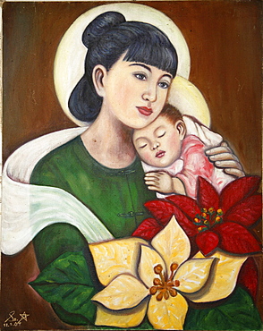 Myanmar madonna child, burmese style, by sister star, at mandalay catholic cathedral 