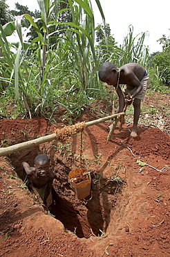 Uganda boys digging a pit latrine, and hauling up the dirt with a winch and small bucket. kayunga district