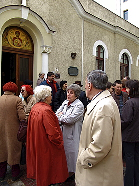 Religion, bulgaria. Congregation outside the byzantine catholic assumption church, sofia