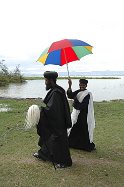 Religion, ethiopia. Archbishop gregorius visiting tullo gudo island and monastery of debre zion, lake ziway