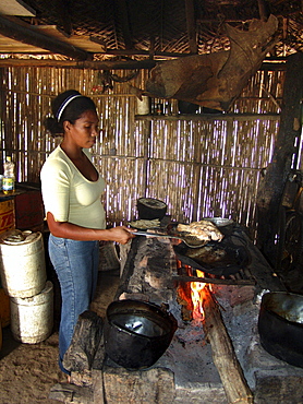 Colombia jasmine abufe grilling fish on a woodstove in her house beside the rio magdalena, barrancabermeja