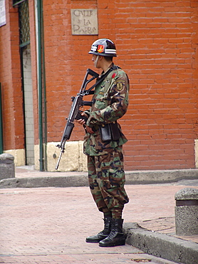 Colombia soldier on duty in la candelaria, bogota