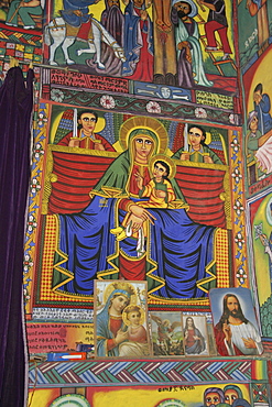 Ethiopia painting of mary holding infant jesus. Interior of church at abuna garima monastery, tigray