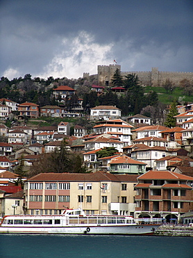 Macedonia (the former yugoslav republic of macedonia, fyrm) the town of ohrid on the shore of lake ohrid. Castle on top of hill