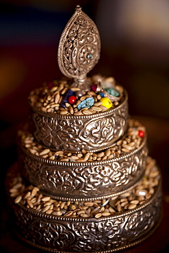 Offerings in the Dolma lakhang in Spituk Monastery. Ladakh, India