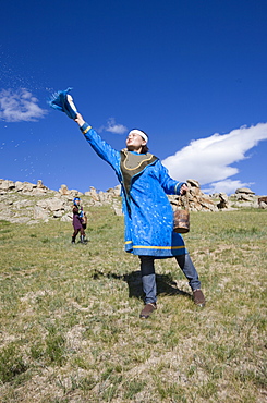 Horse milk is sprinkled into the four directions, as offerings to the nature spirits of the area, the sadak, or ?owners Of the earth.? Sometimes vodka is used instead, or as well. Milk is sacred to the mongol shamans, who believe that life on earth is descended from beings who originally came here on winged horses. Here two young female shamans make the offering in a ritual manner. Countryside mongols make this offering every morning on waking up; they usually also offer smoke, that the wind carries around the world as a prayer for harmony and prosperity. 13th century national park, tov province, mongolia. 13th century national park comprises chinggis khan's giant statue museum and live museum "town from 13 century". The ancient nomadic mini kingdom is located in the distance of 130 km east of ulaanbaatar in area of erdene zuu of tov province. It takes 2 hours driving on paved road. In the live 13th century kingdom one will see and experience the authentic lifestyle of mongols, who were lived in powerful mongol empire?s Period. This place gives you a same feeling that famous traveler marco polo and william rubruck felt once upon time