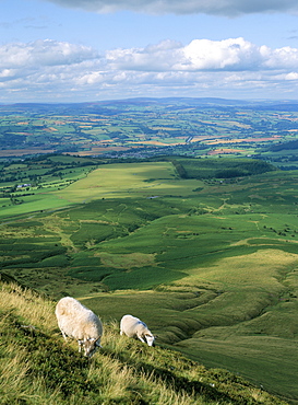 View north from Hay Bluff, with distant Hay on Wye in valley, Powys, Wales, United Kingdom, Europe