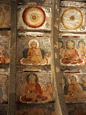 One thousand Buddhas, painted between roof ribs on ceiling dating from 2nd century, Cave 10, Ajanta Caves, UNESCO World Heritage Site, Maharashtra state, India, Asia