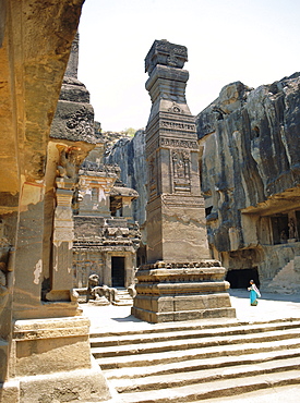 Huge column in SW of courtyard, Kailasa Temple, Ellora, India 