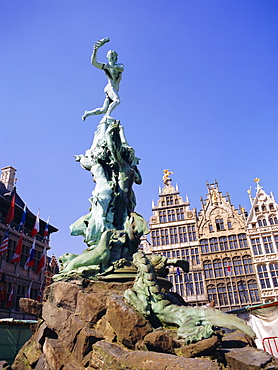 Bronze of Silvius Brabo who flings hand of defeated giant Antigonus into River Scheldt, Grote Markt, Antwerp, Belgium