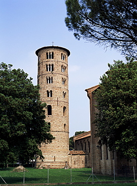 Campanile beside Basilica of Sant Apollinare in Classe, dating from 6th century, in open country southeast of Ravenna, Emilia-Romagna, Italy, Europe