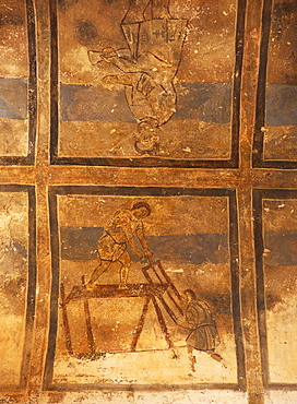 Fresco of carpenters, within panels decorating vaulted ceiling of main audience chamber, Qasr Amra hunting lodge and baths, built by Ummayad Caliph Wallid I between 705 and 715AD, east of Amman, Jordan, Middle East