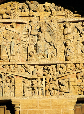 Tympanum above west door of abbey church of Ste. Foy (on the pilgrimage route to Santiago de Compostela) of Christ and the Last Judgement, UNESCO World Heritage Site, Conques, Midi-Pyrenees, France, Europe