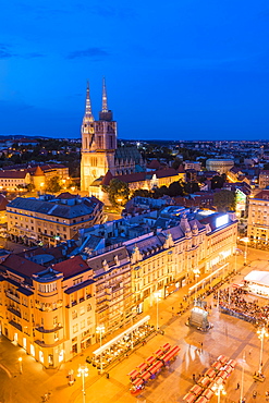 View of Ban Jelacic Square and Cathedral of the Assumption Blessed Virgin Mary at night, Zagreb, Croatia, Europe