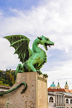 Dragon sculptures on Dragon Bridge, Ljubljana, Slovenia, Europe