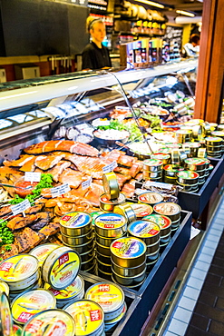 Canned and fresh seafood at Kauppahalli market in Helsinki, Uusimaa, Finland, Scandinavia, Europe